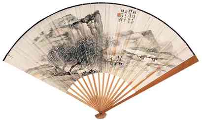 江琨 谭泽闿 青山草亭图并书法 成扇